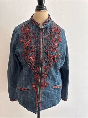 Chico's Blue Denim Jacket with Red Embroidered Detailing
